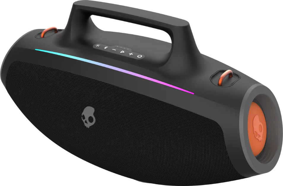 Enceinte Bluetooth Skullcandy noire avec lumières colorées, poignée et logo tête de mort.