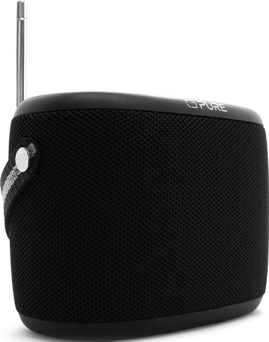 Schwarzer Pure-Radiolautsprecher mit Griff und Antenne, auf weißem Hintergrund.