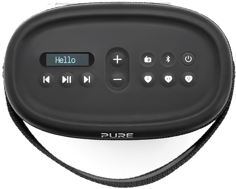 Schwarzer Lautsprecher mit Bedienelementen. Bildschirm zeigt 'Hallo'. Tasten sind Lautstärke, Bluetooth und Strom.