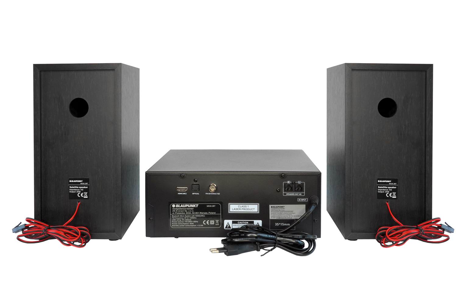 Czarne głośniki i czarny odbiornik na białym tle, z czerwonymi przewodami.