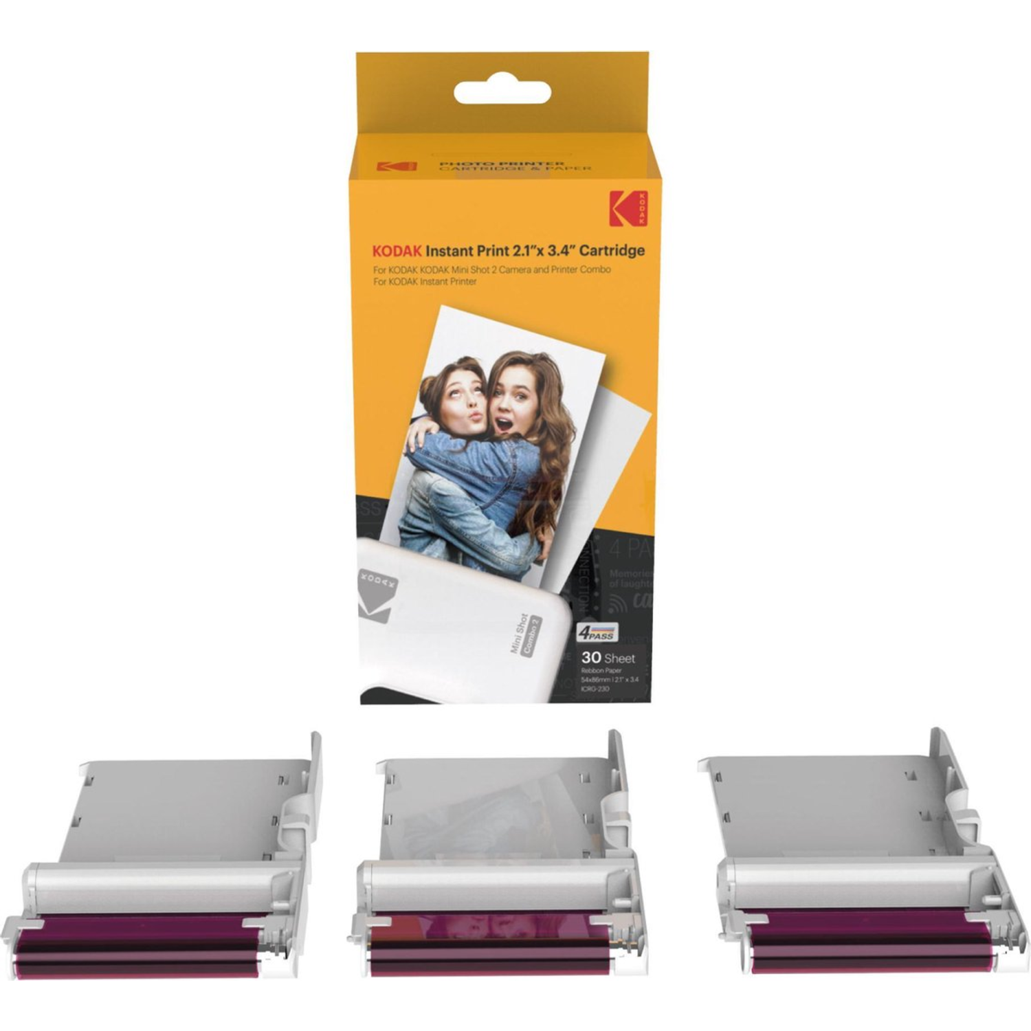 Kodak instant print cartridge box and printer with photos and paper.