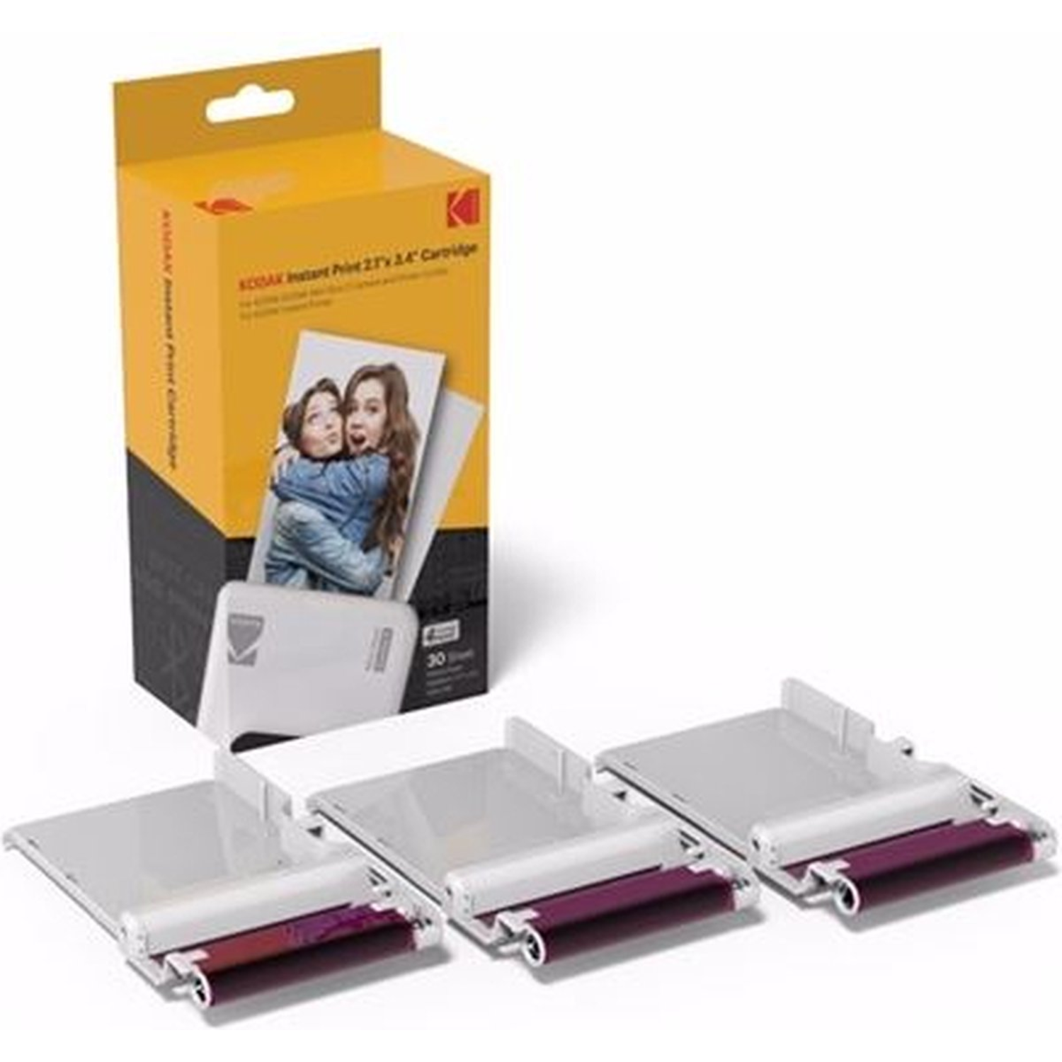 Kodak instant print cartridge box with cartridges and example photo.