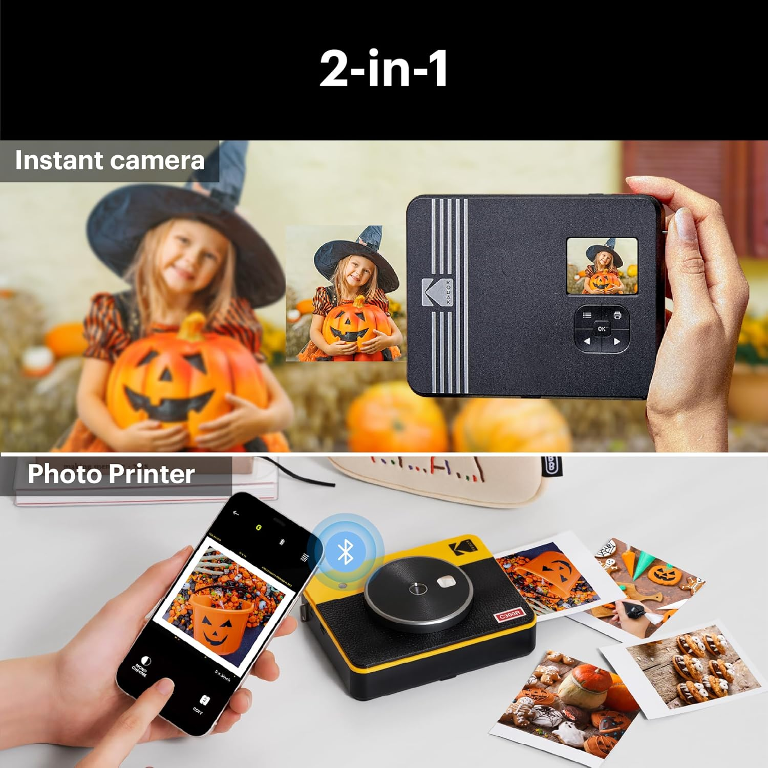 Black instant camera and photo printer, with photos of children with pumpkins. Text says '2-in-1'.