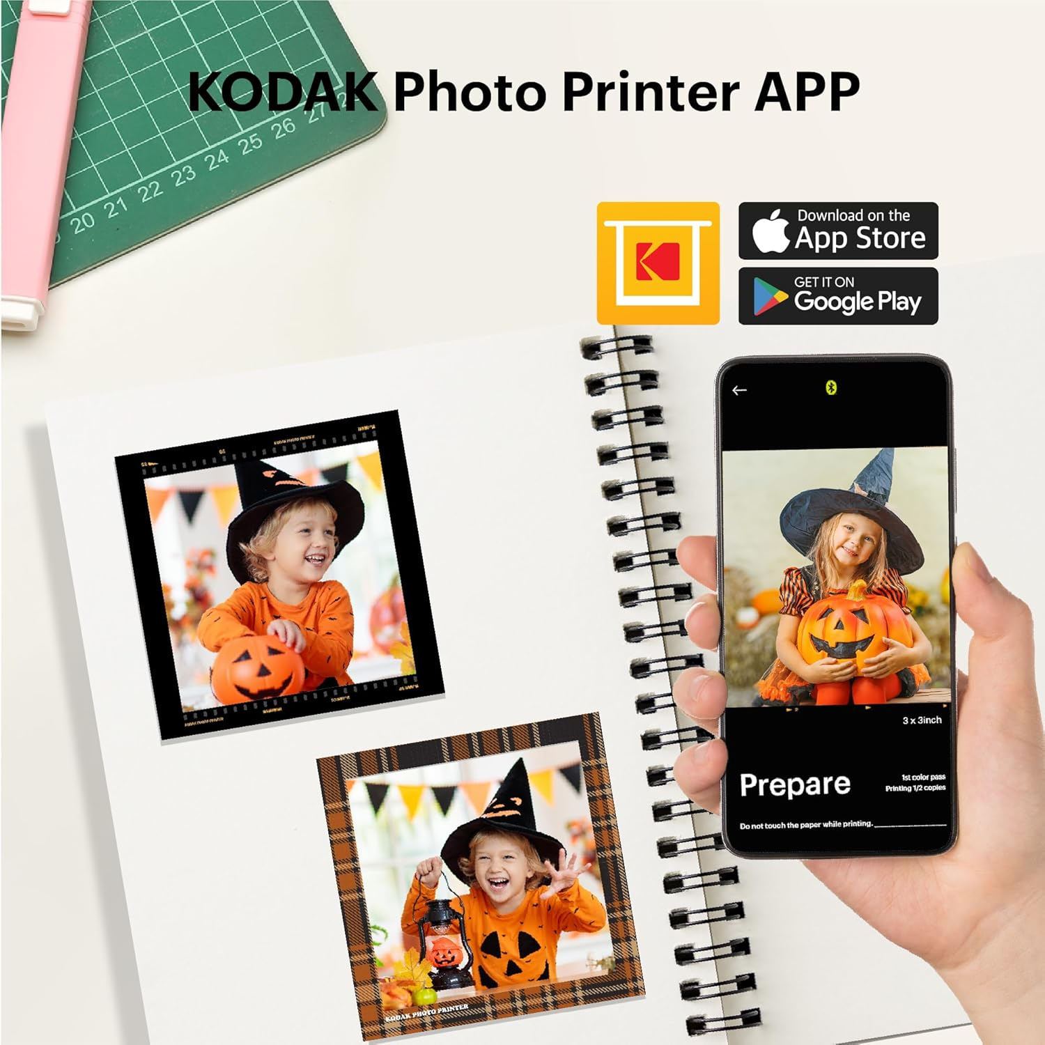 Kodak photo printer app on a phone. Prints of a child in Halloween costume, with a pumpkin.
