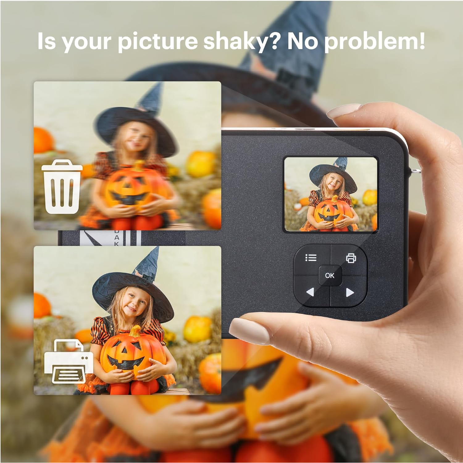 A photo print device with images of a girl with a pumpkin, showing before/after.