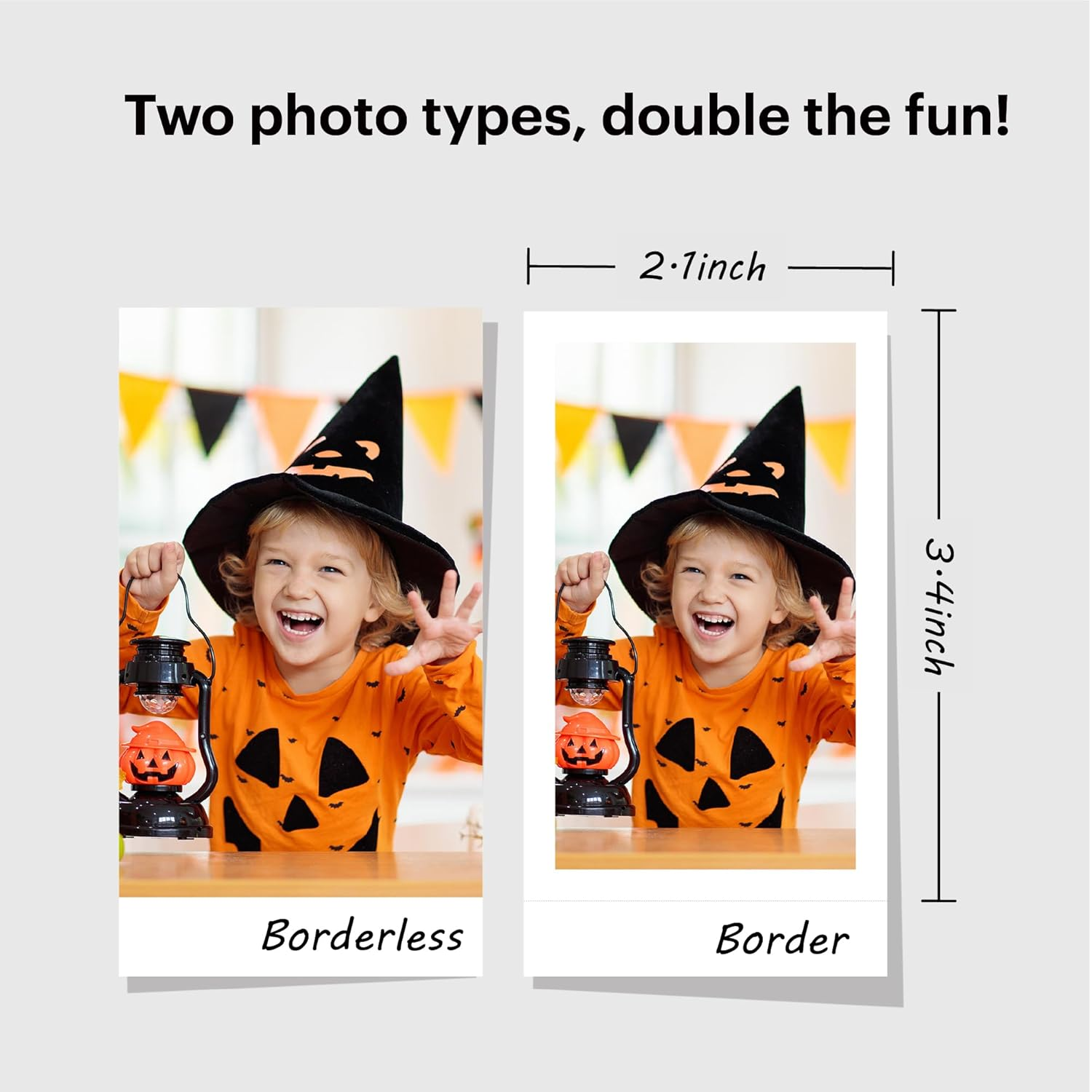 Two photos of a child in Halloween costume with a lantern, one with border.