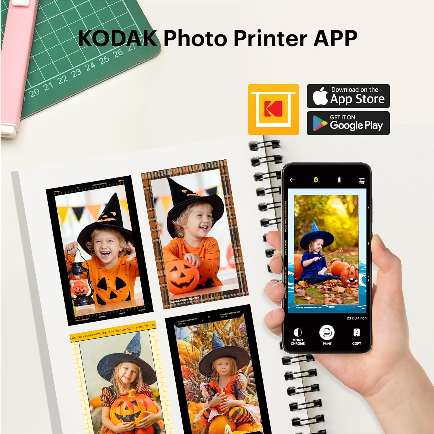 Kodak photo printer app interface on a phone, surrounded by printed photos of a child.