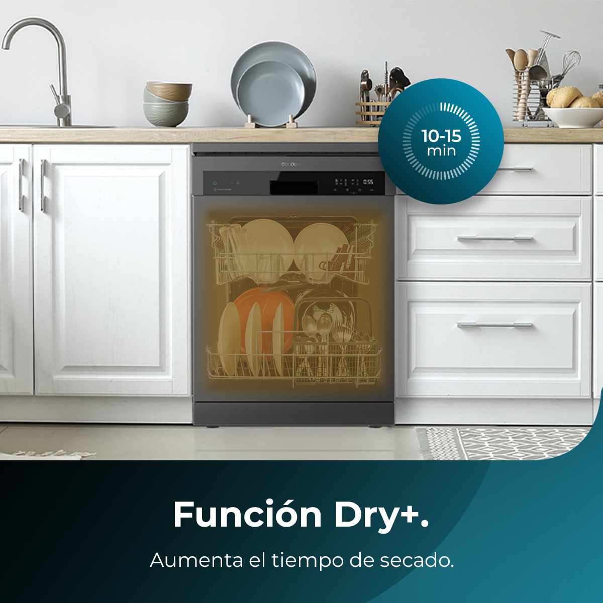 Un lavavajillas con platos dentro. Un temporizador muestra 10-15 min. El texto dice 'Dry+' y 'Aumenta el tiempo de secado'.