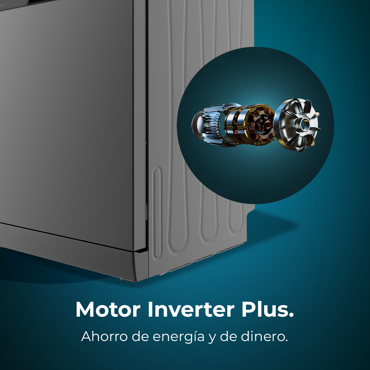Un lavavajillas con motor explotado. El texto dice Motor Inverter Plus. Ahorro de energía y dinero.
