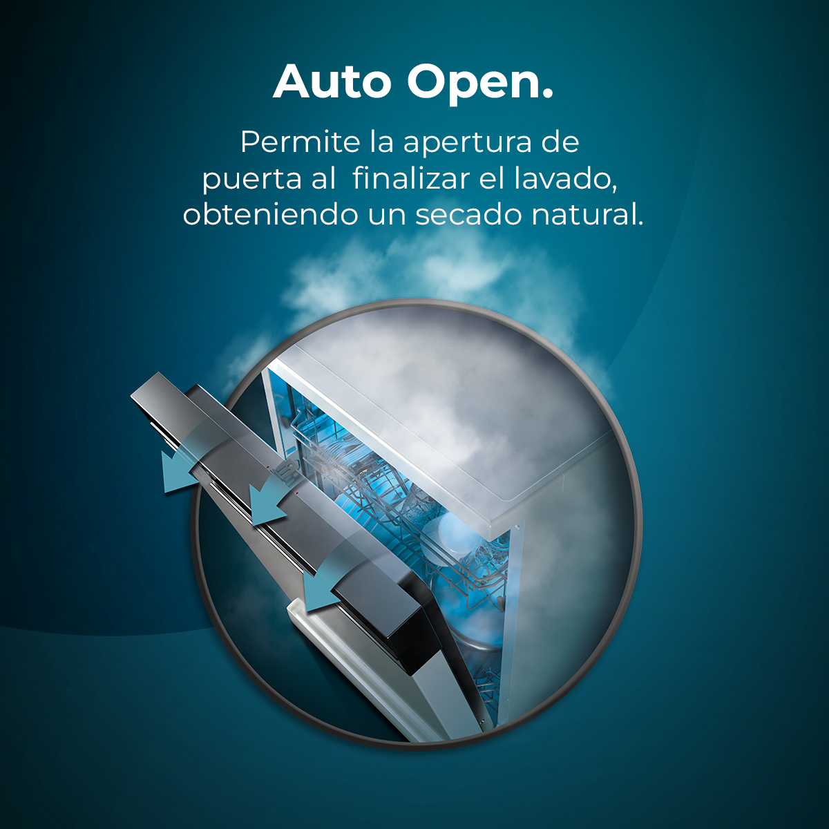 Un lavavajillas con la puerta entreabierta, mostrando vapor.