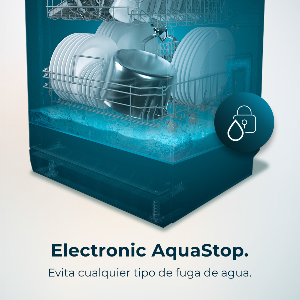 Lavavajillas con platos dentro. La máquina es transparente para mostrar el interior y el nivel de agua.