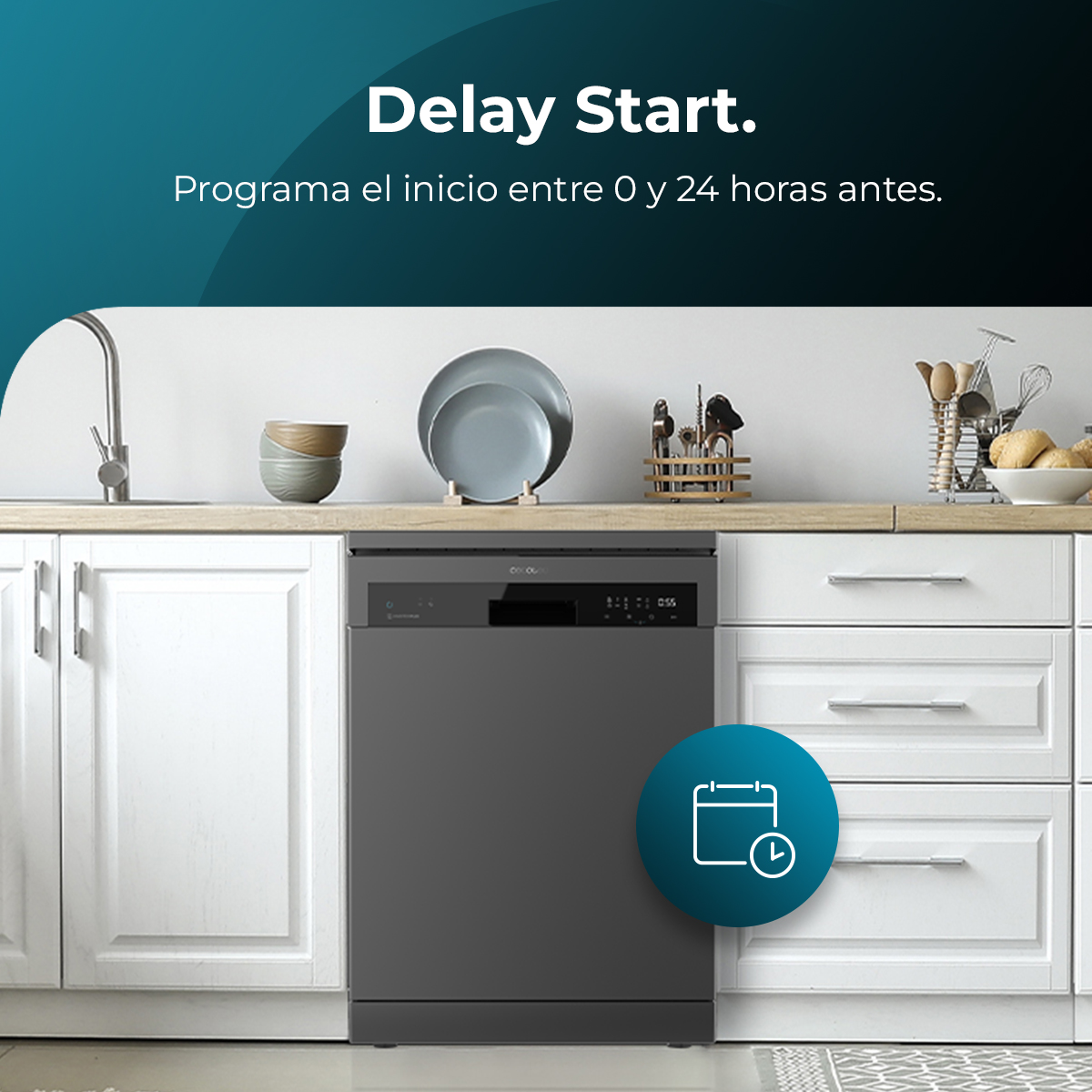 Un lavavajillas con panel de control en la parte superior y un icono de calendario a la derecha.