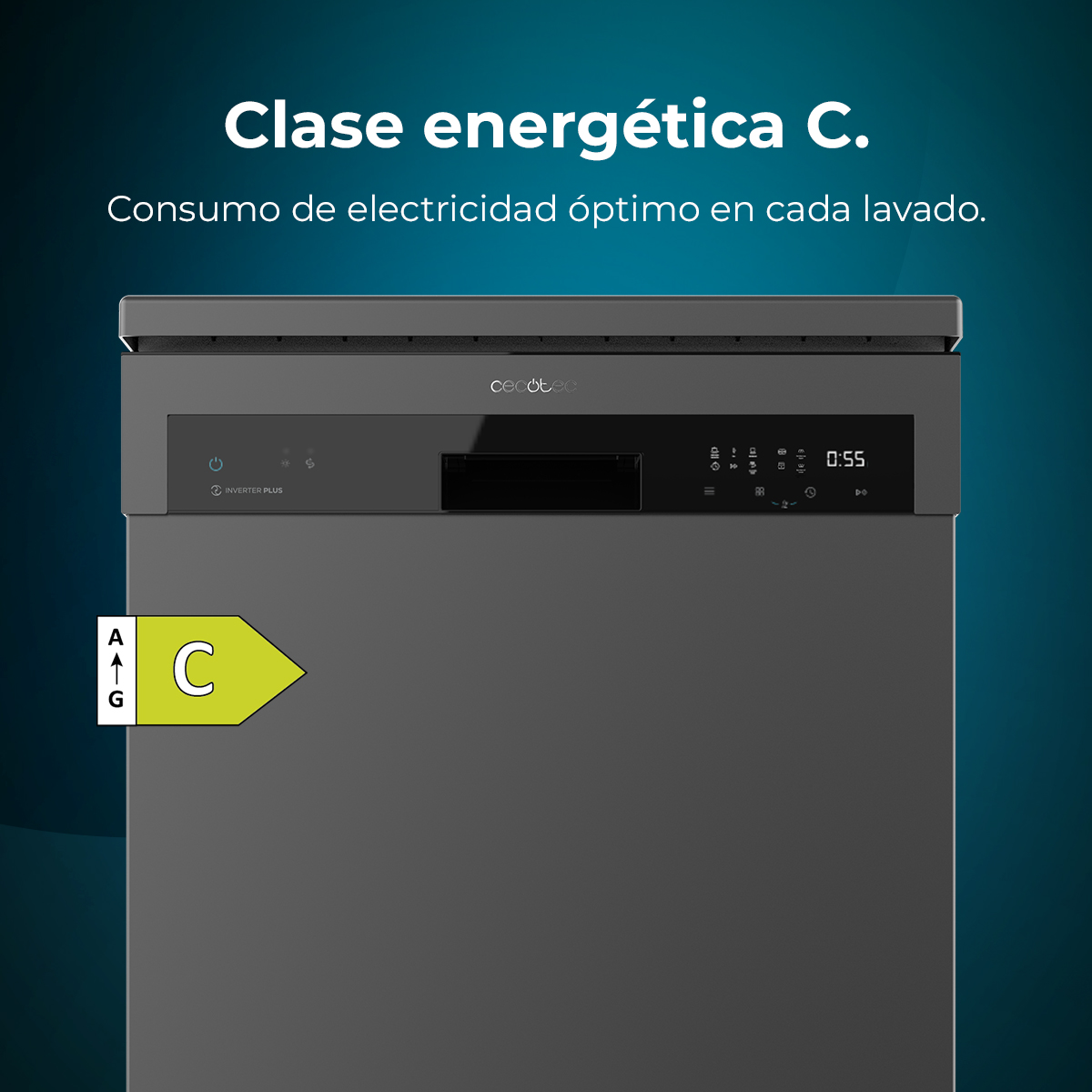 Lavavajillas gris con etiqueta energética C. Texto superior: Consumo eléctrico óptimo en cada lavado.