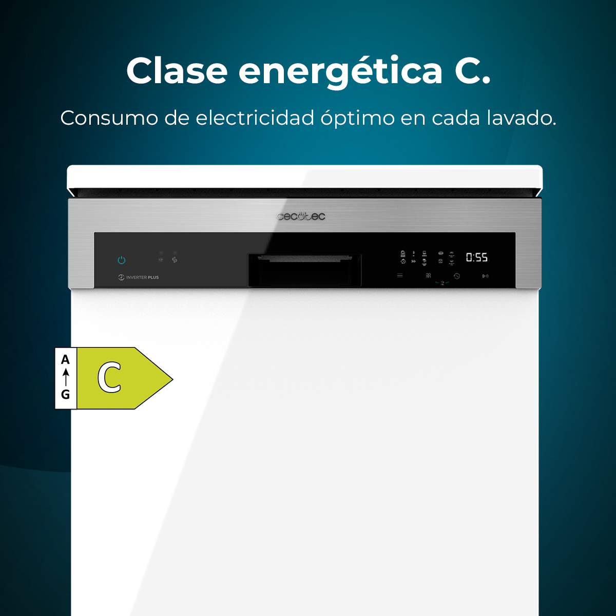Lavavajillas blanco con panel de control negro, etiqueta energética C. Texto: Consumo eléctrico óptimo.