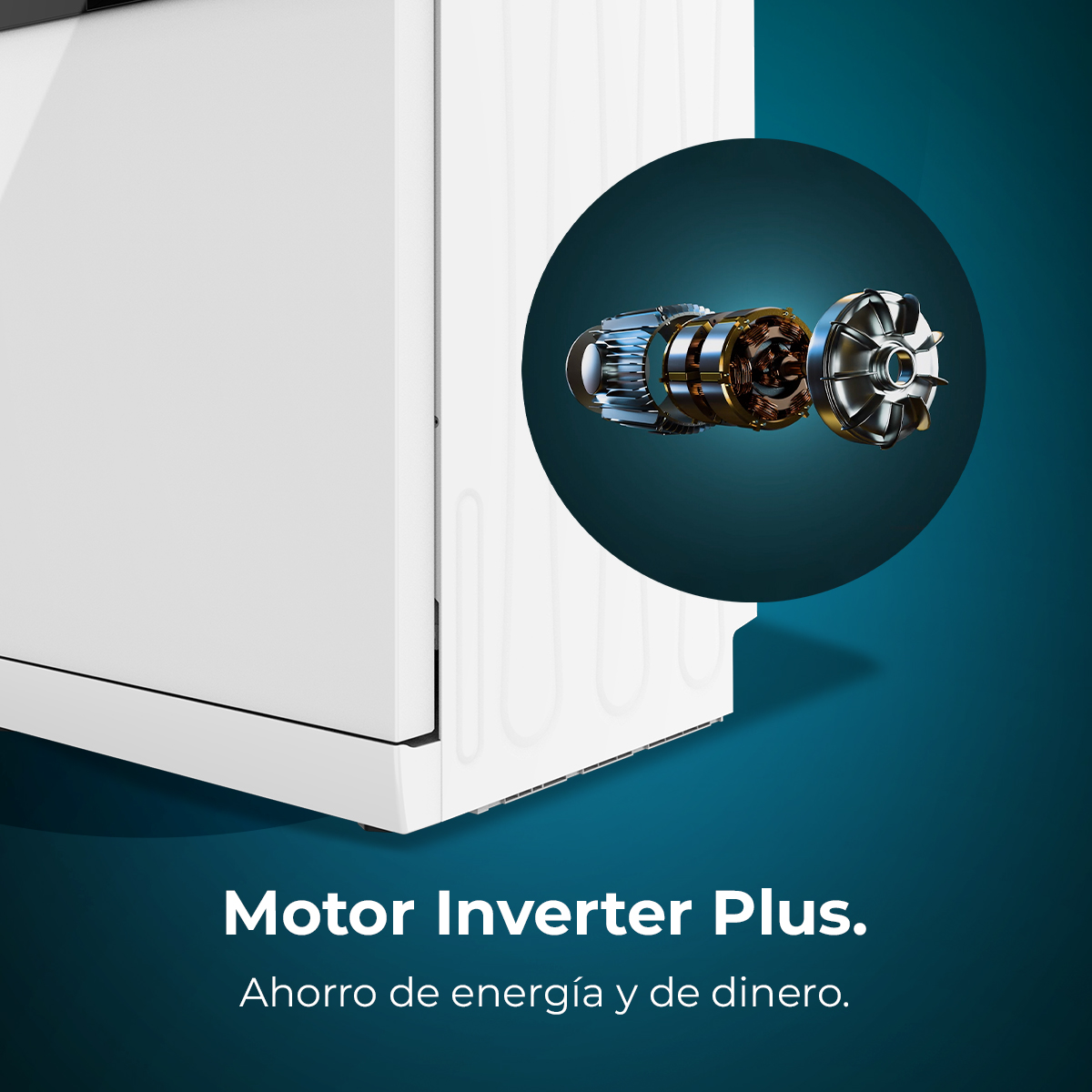Un motor de lavavajillas con una vista detallada de los componentes internos. Fondo azul.