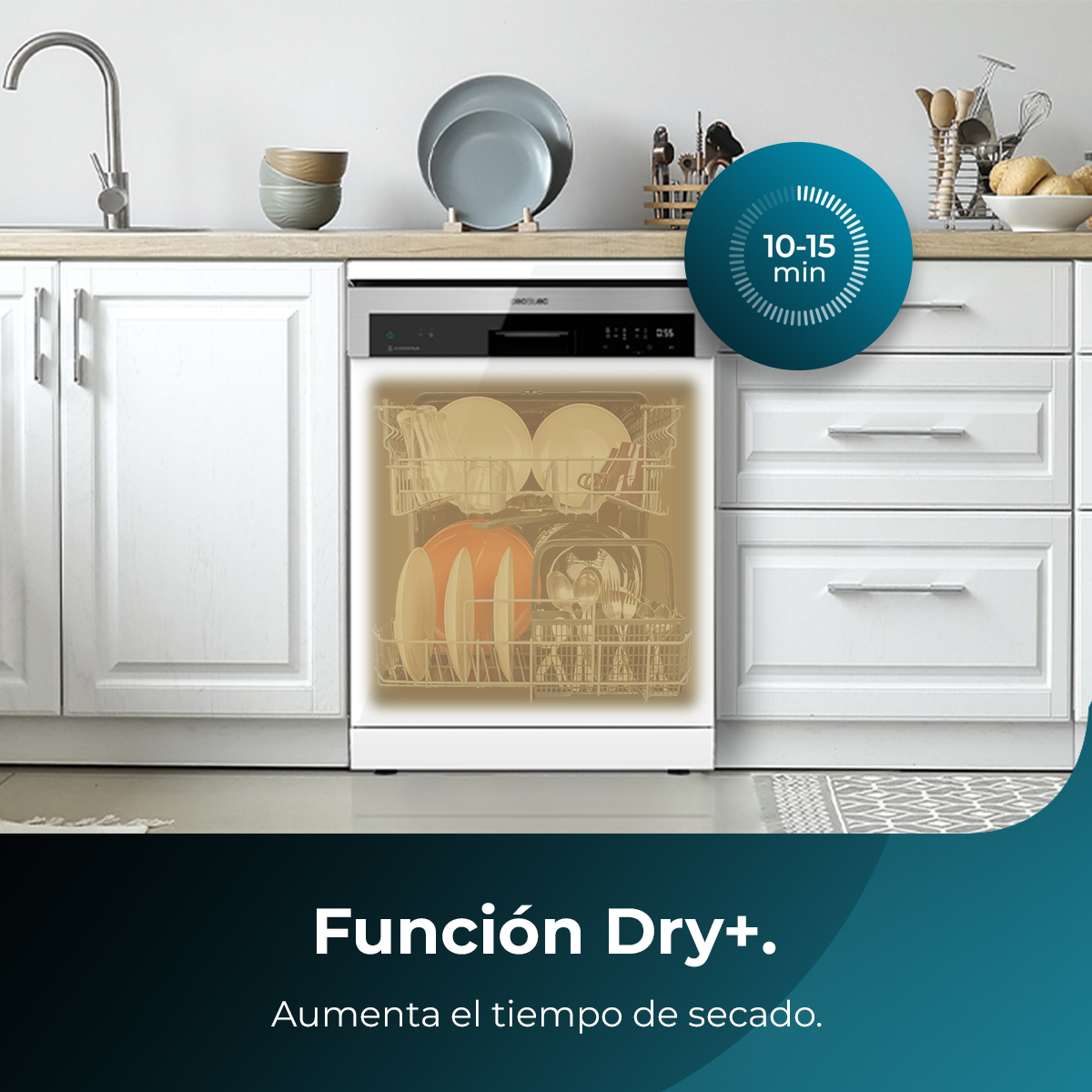 Un lavavajillas abierto para revelar los platos en su interior. Un temporizador muestra 10-15 minutos.