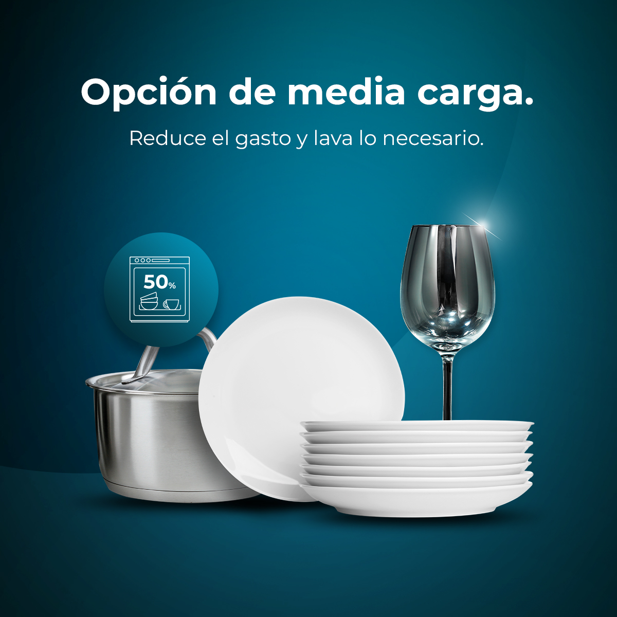 Lavavajillas con platos, vaso y olla. Texto: 'reduce el gasto y lava lo necesario'.