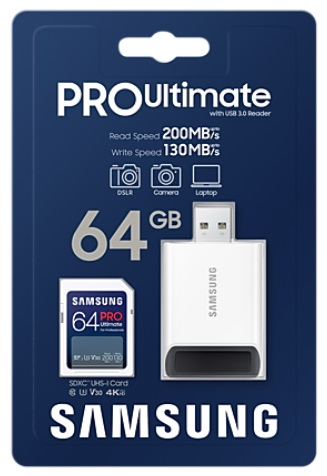 Opakowanie karty SD Samsung Pro Ultimate 64GB i czytnika USB 3.0. Tekst i ikony.