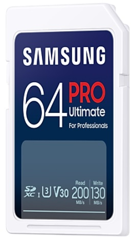 Karta SD Samsung 64 Pro Ultimate z tekstem. Niebieski i biały schemat kolorów.