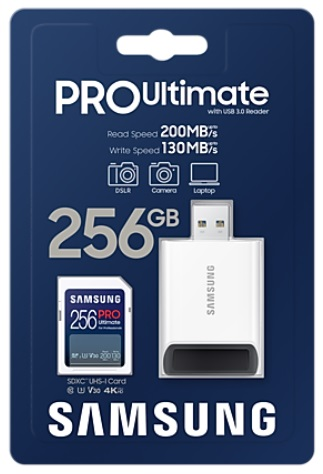 Karta SD Samsung z czytnikiem USB. Pokazuje prędkości odczytu/zapisu i pojemność.