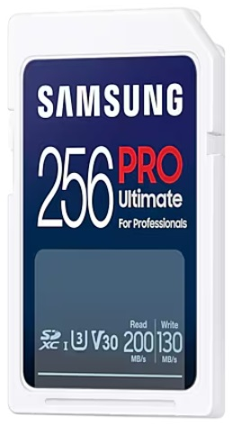 Karta SD Samsung Pro 256GB w białym plastikowym etui. Niebieskie i białe etykiety.