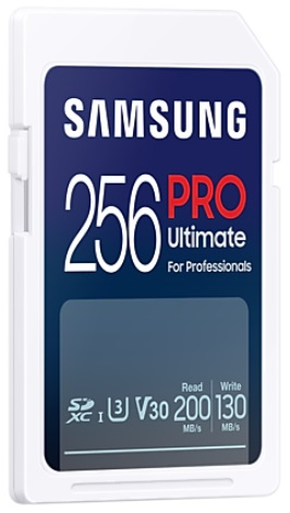 Biała karta SD z napisem 'SAMSUNG PRO Ultimate For Professionals 256GB'.