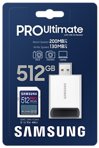 Niebiesko-białe opakowanie karty SD Samsung Pro Ultimate z czytnikiem USB i kartą.