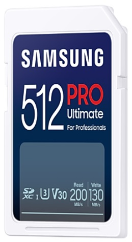 Karta SD Samsung 512 PRO Ultimate. Posiada logo Samsung oraz prędkości odczytu/zapisu.