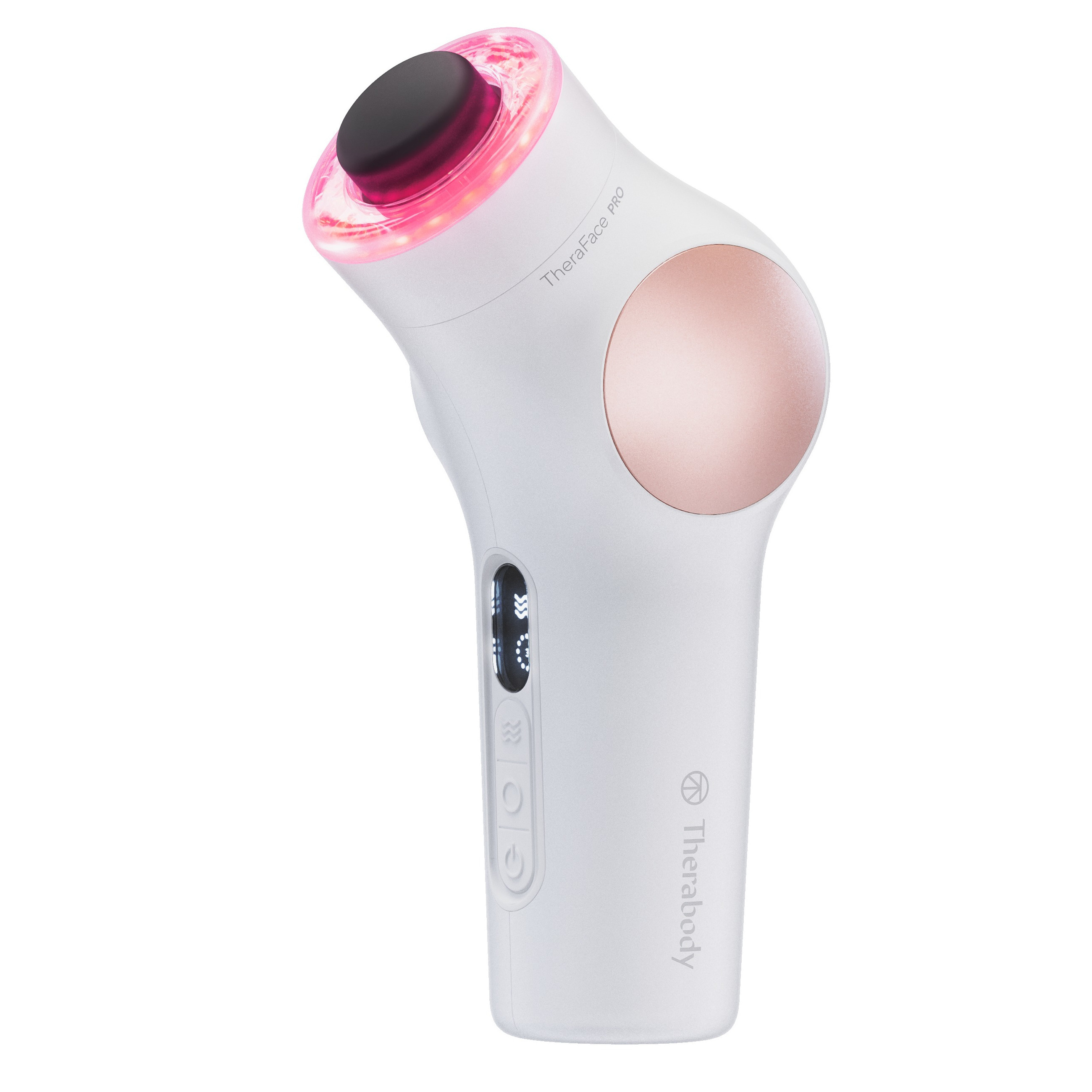 Weißes Gesichtsmassagegerät mit rotem Licht und schwarzem Aufsatz. Das Gerät hat einen roségoldenen Akzent.