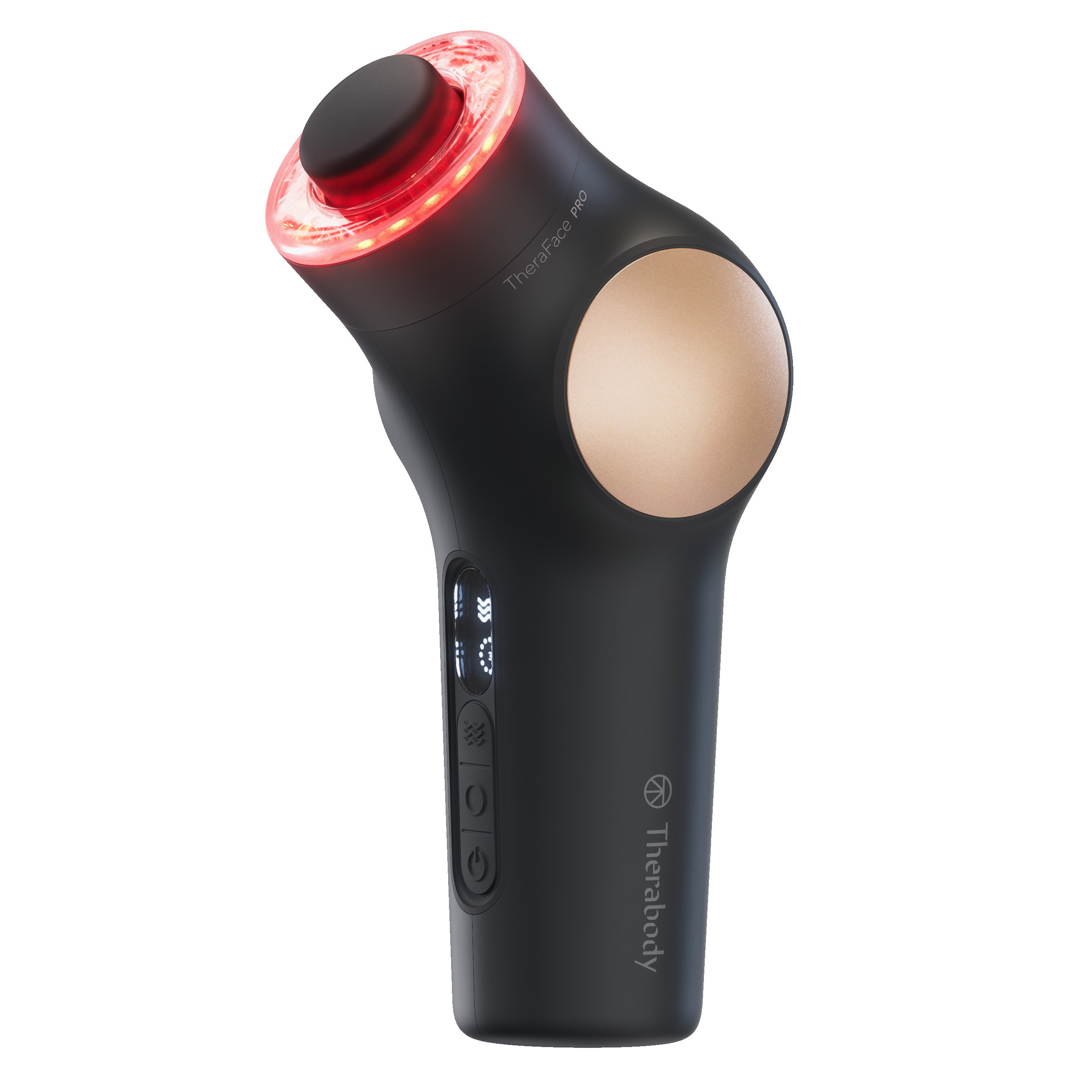 Ein schwarzes und goldenes Gesichtsmassagegerät mit rotem Licht und Ein-/Aus-Tasten.