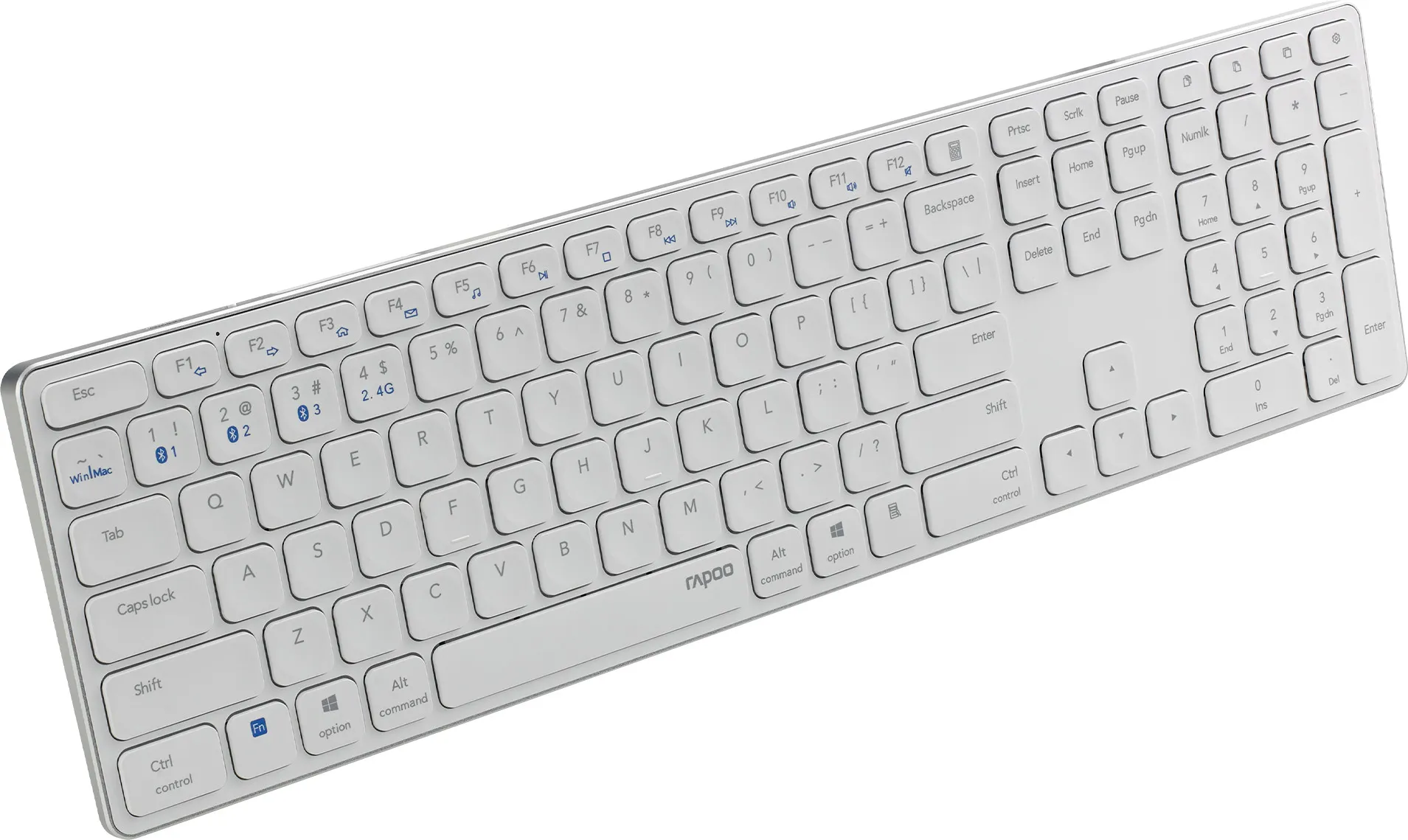 Clavier blanc avec touches et nom de marque. Il a un design élégant.