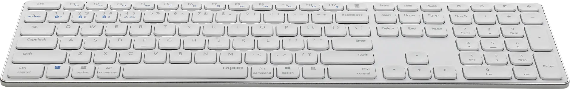 Clavier blanc avec de nombreuses touches, dont un pavé numérique. Bordure argentée.