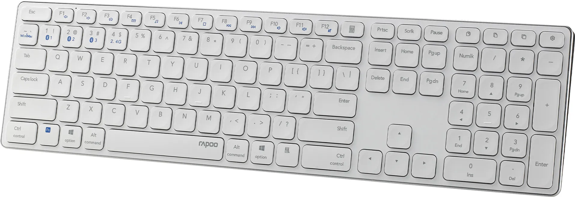 Clavier blanc avec touches étiquetées et logo de la marque rapoo, vue de dessus.