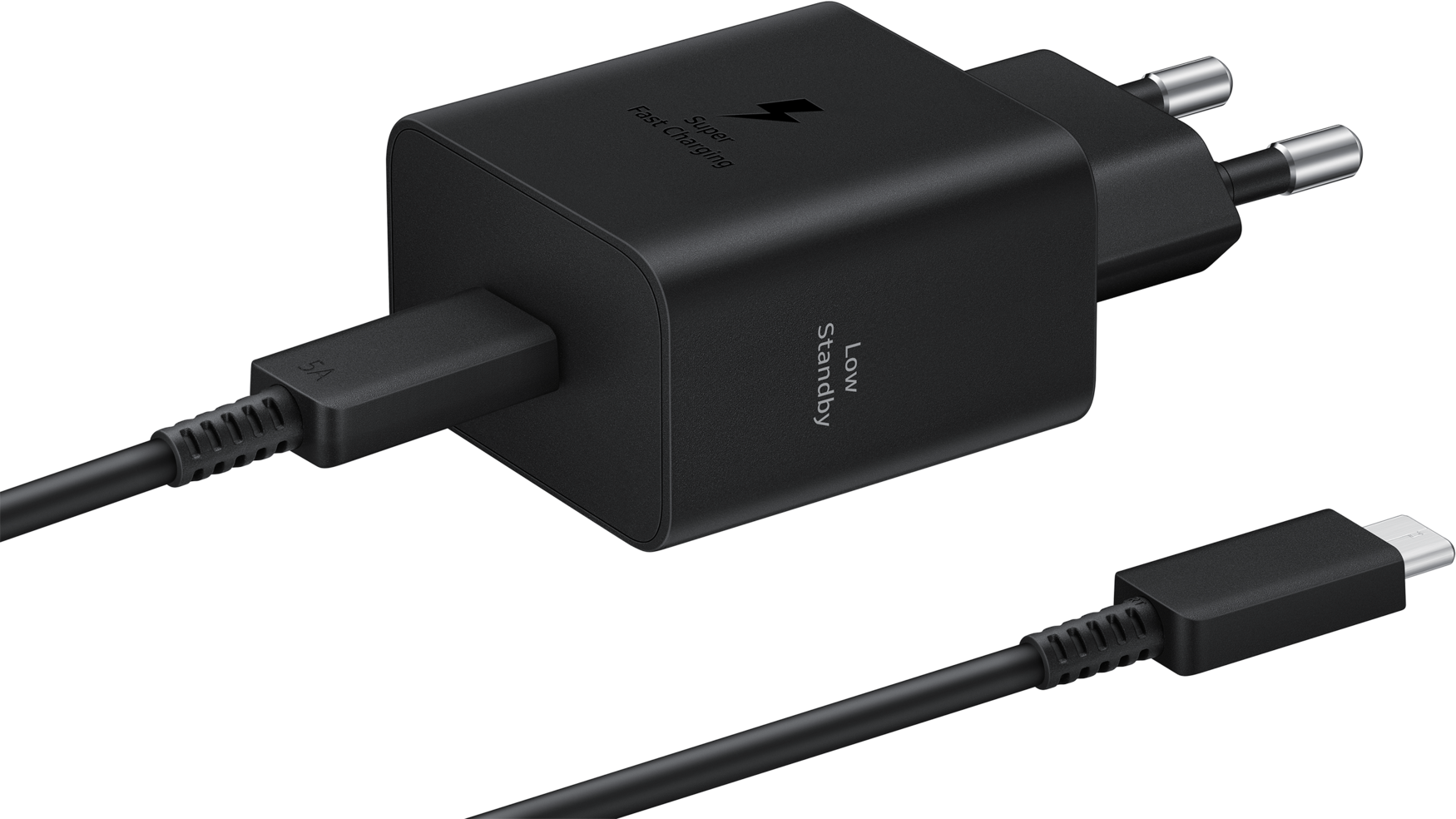 Un adaptateur de charge rapide Samsung noir et un câble USB-C noir sur fond blanc.