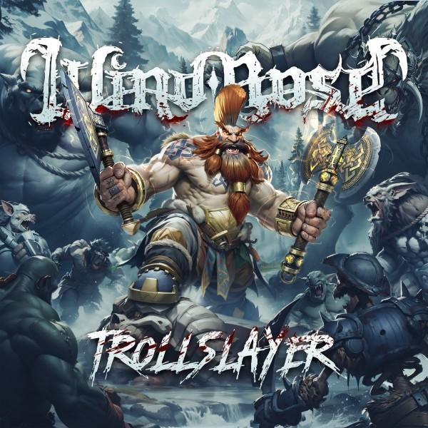 Albumcover mit Fantasy-Illustration: ein Krieger mit Äxten und Schwert, umgeben von Monstern.