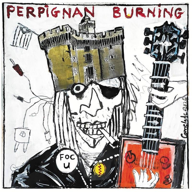 Illustration einer Person mit Burg-Hut, die eine Zigarette raucht und eine Gitarre hält.