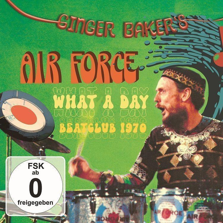 Albumcover: Ginger Bakers Air Force, ein Mann spielt Schlagzeug mit grünem Hintergrund.