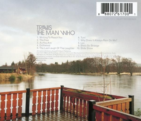 Die Rückseite einer CD-Hülle mit Text über ein Album, einen See und ein Holzdeck.