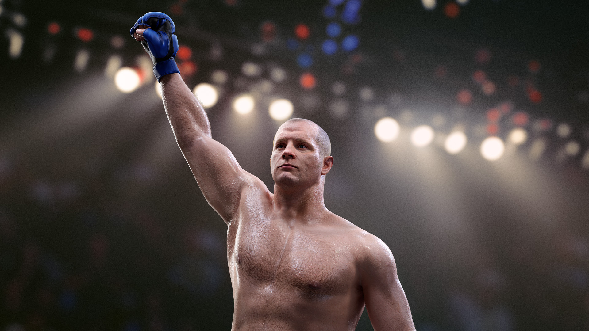 Zawodnik MMA z uniesioną ręką w geście zwycięstwa. Światła areny w tle. Umięśnione ciało, niebieskie rękawice.