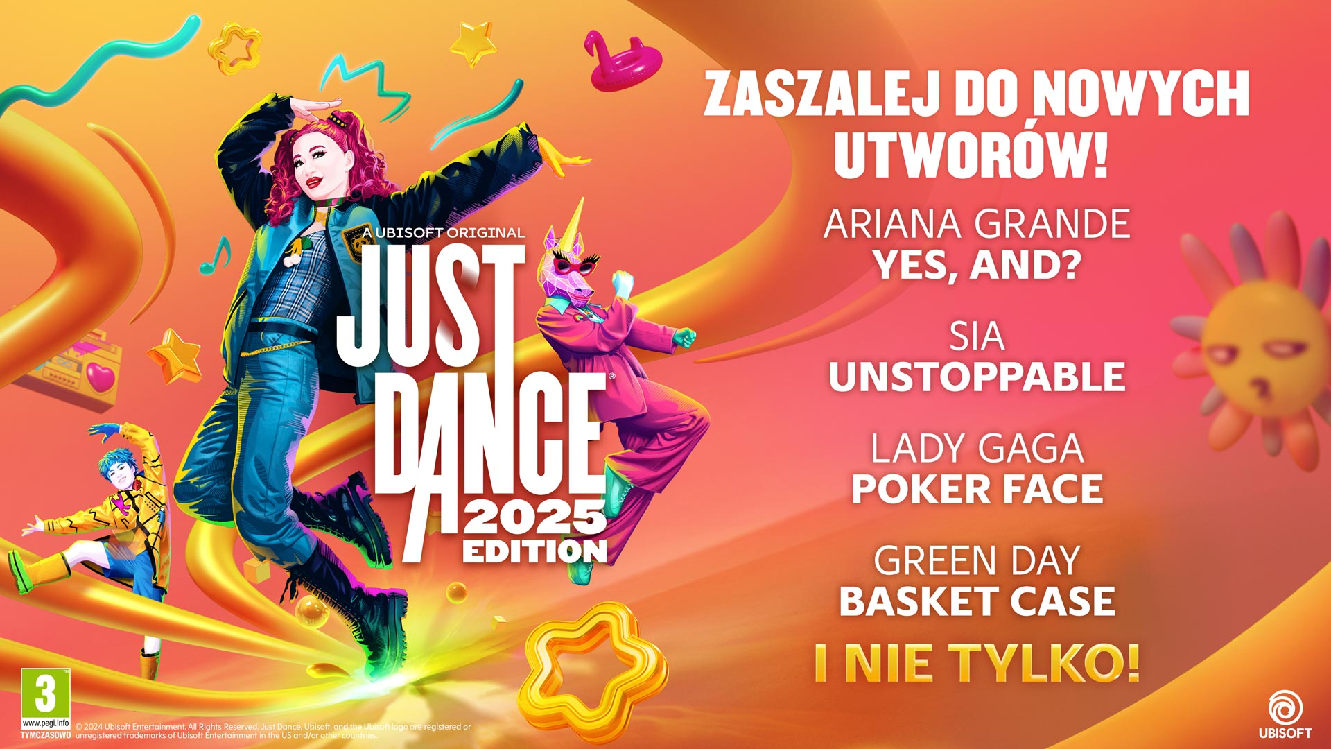 Okładka Just Dance 2025 Edition przedstawia tancerzy i tekst z nowymi piosenkami Ariany Grande i innych.