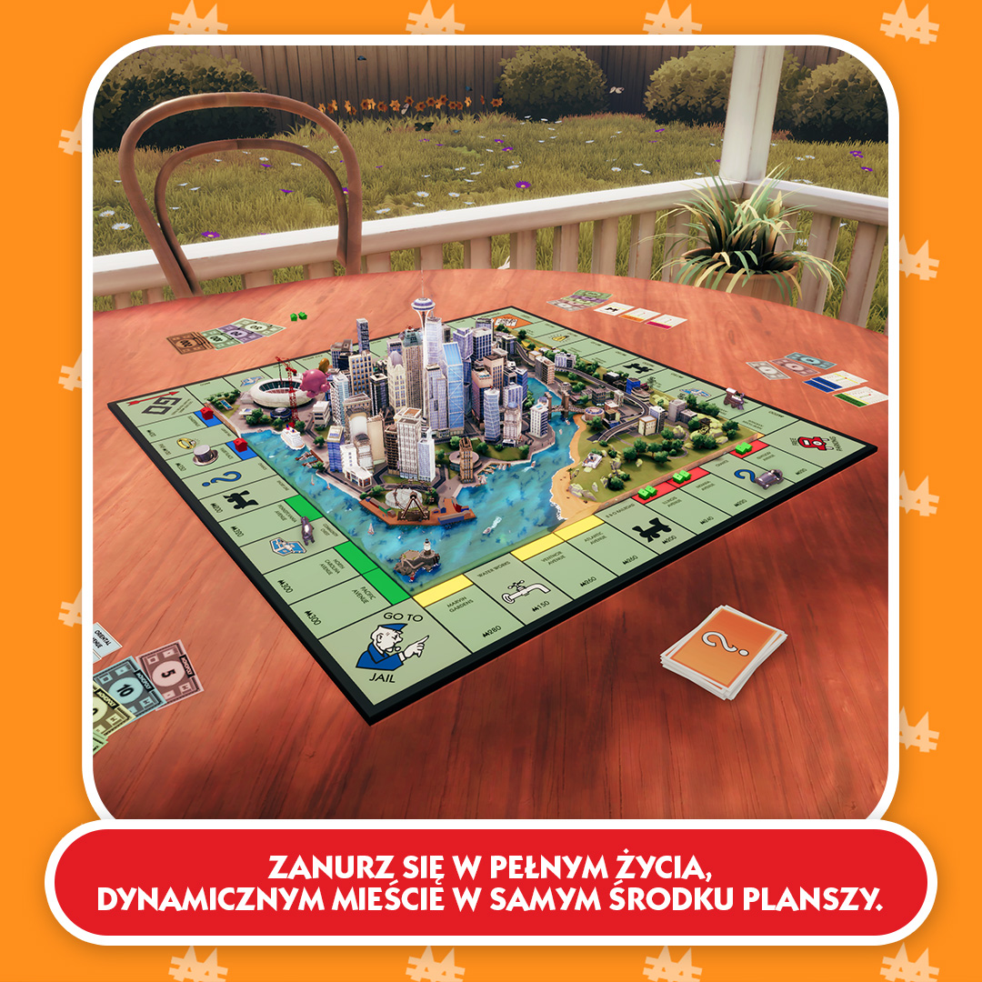 Gra planszowa Monopoly. Model miasta jest w centrum. Drewniany stół otacza planszę.