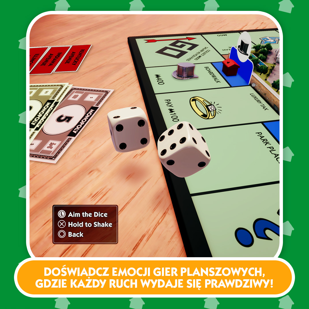 Plansza do gry w Monopoly z kośćmi i pieniędzmi. Plansza zawiera takie nieruchomości jak Boardwalk i Park Place. Kość się toczy.