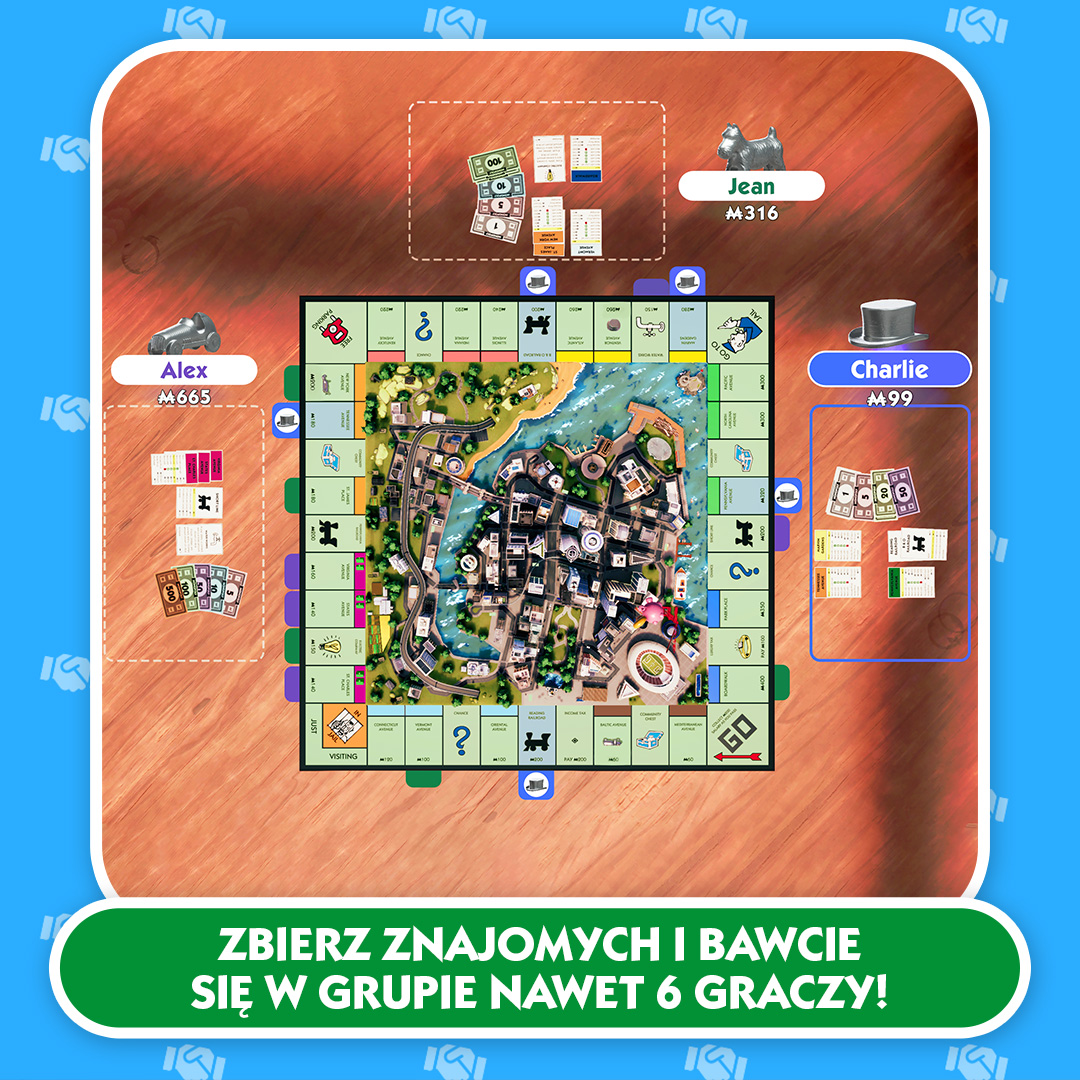 Gra planszowa Monopoly z graczami i pionkami. Tekst: Zbierz znajomych i graj w grupach do 6 osób!