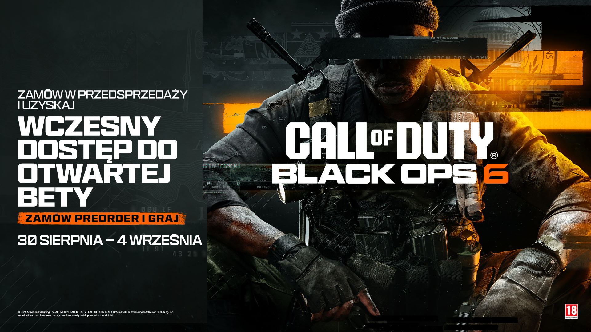 Reklama gry Call of Duty: Black Ops 6. Przedstawia żołnierza i tytuł gry. Ciemne tło.