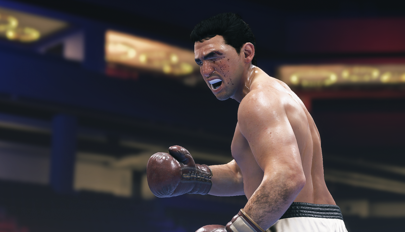 Bokser z krwią na twarzy, na ringu, patrzący z determinacją.