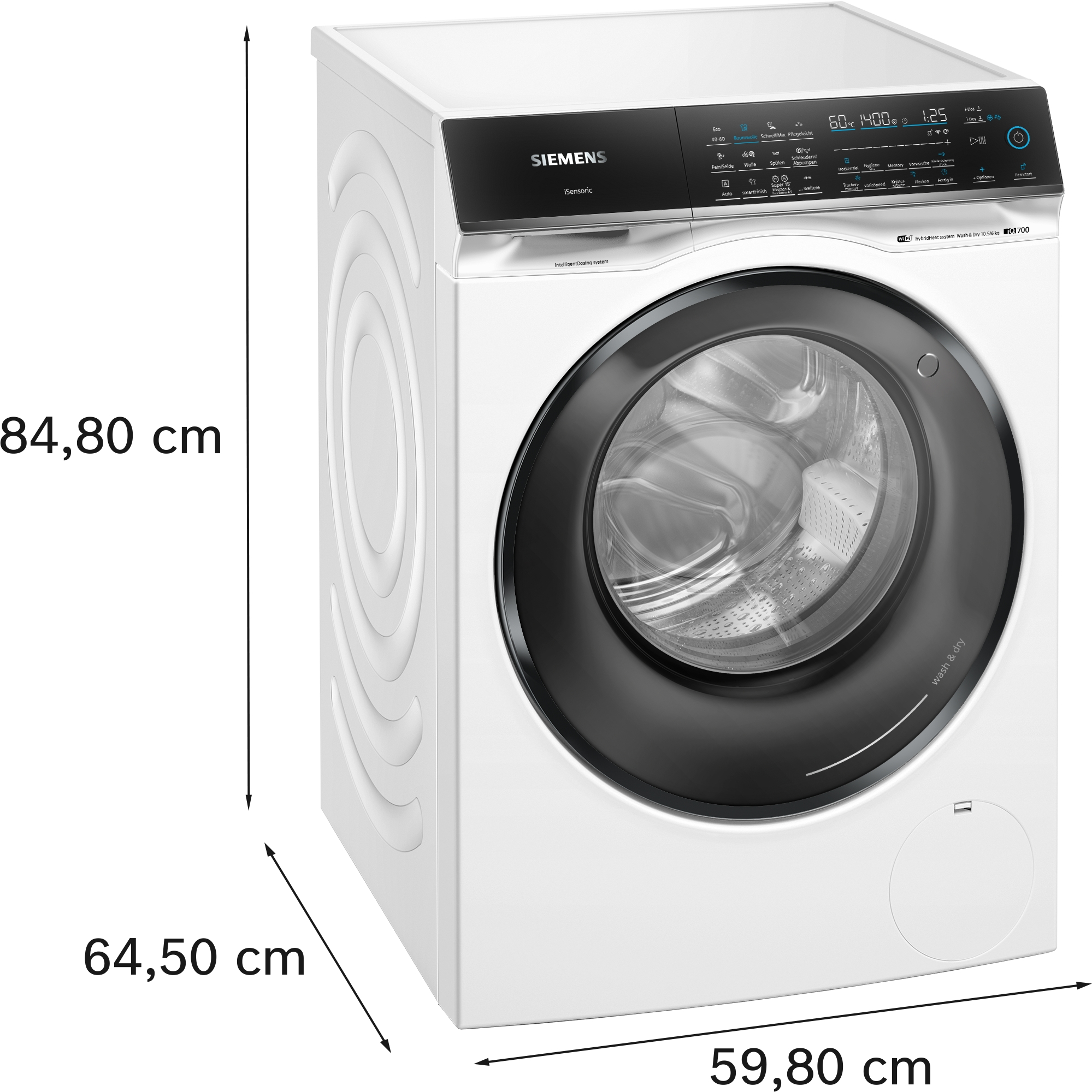 Weiße Siemens Waschmaschine. Vorderansicht, Tür geschlossen. Maße: 84,80 cm Höhe, 64,50 cm Breite, 59,80 cm Tiefe.