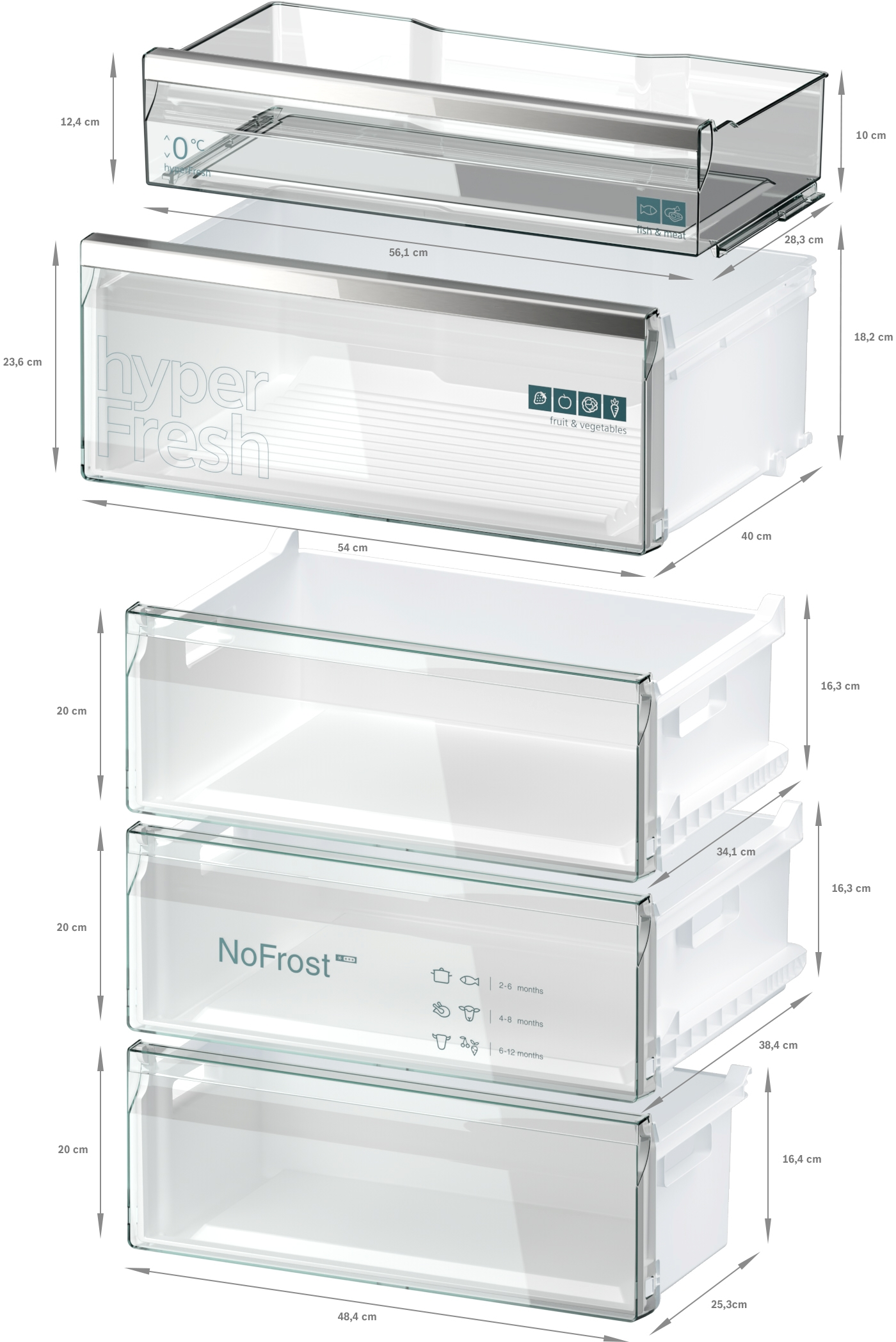 Kühlschrank-Schubladen, transparent, mit Maßangaben. Obere Schublade 0°C, mittlere Schublade 'hyperFresh'.