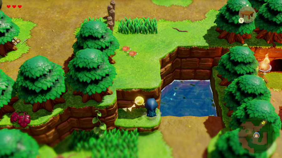 Widok z góry na scenę z gry wideo. Widoczne są drzewa i mały zbiornik wodny.