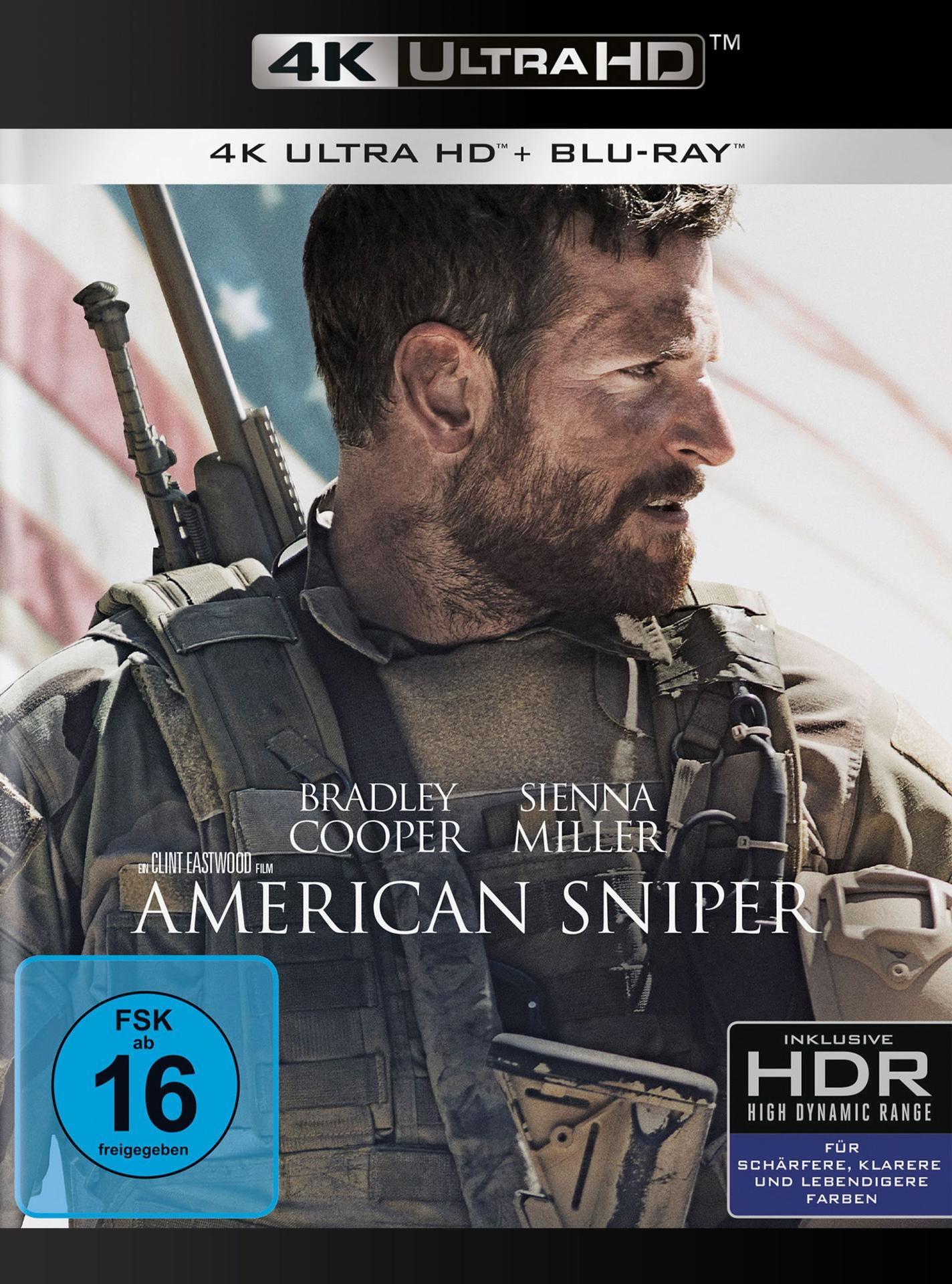 Filmcover für 'American Sniper'. Bradley Cooper steht im Vordergrund. Der Titel ist prominent.