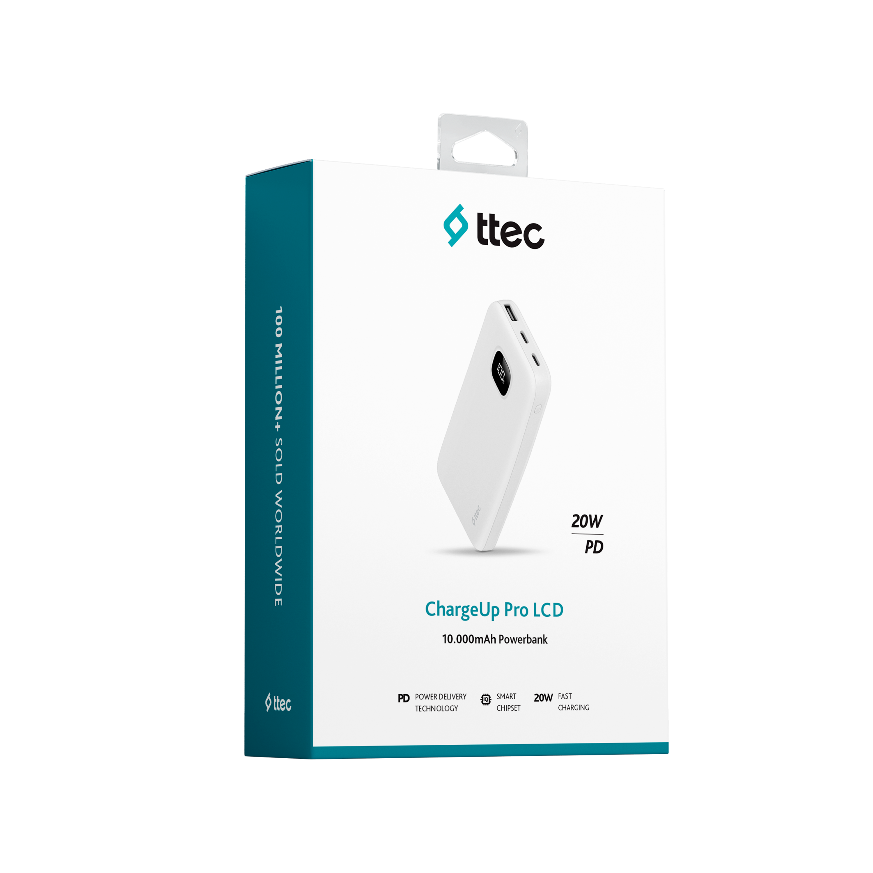Beyaz powerbank kutusu. Beyaz bir powerbank gösteriyor ve 20W PD, 10.000mAh yazıyor.